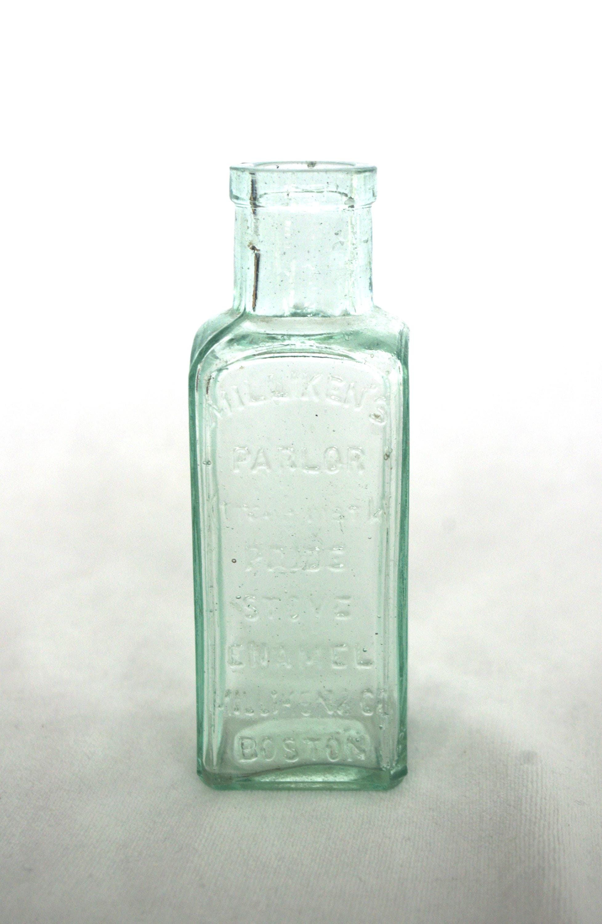 Antique Glass Bottle: Aqua, "Milliken's Parlor Pride Stove Enamel / Boston" 1800s / 1880s