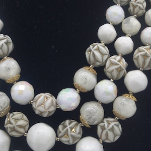 Vintage Beaded Necklace: White & Gold Geometric Plastic / Glass Beads Necklace 1960s Germany