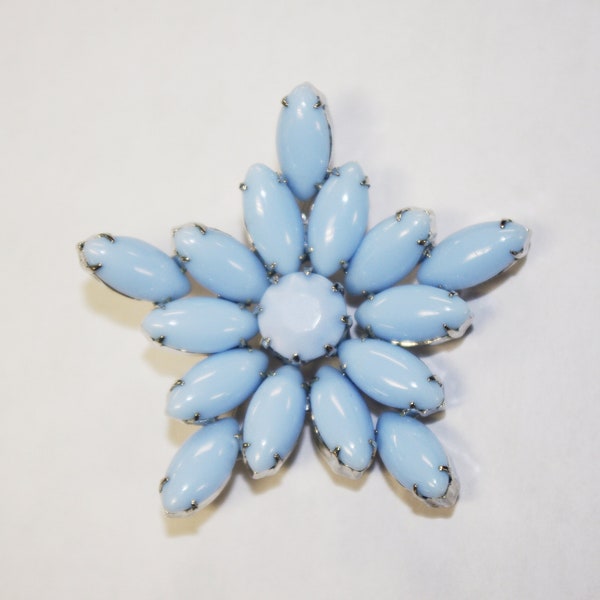 Vintage Weiss Brooch / Pin: Light Blue Opaque Navettes w/ Center Rhinestone, Blue Milk Glass, 1960s