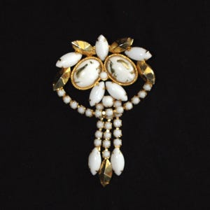 Vintage Pin / Brooch: Large, White & Gold Milk Glass / Gold Cabochons w/ Dangles, 1960s / 60s
