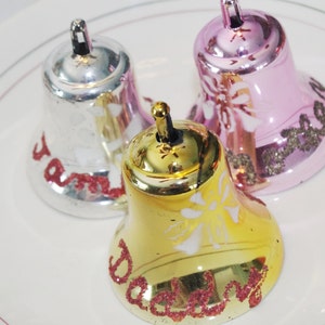 3 Vintage Christmas Ornaments: Plastic Bells with Frosted Decorations & Glitter 1950s