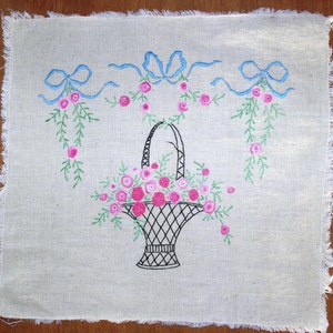 Vintage Handmade Embroidered Picture: Flower Basket, Flowers, & Ribbons 1950s