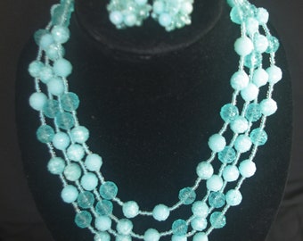 Vintage Necklace & Earring Set / Demi-Parure: 1950s Plastic 4-Strand Unusual Beaded, Aqua Blue "West Germany"