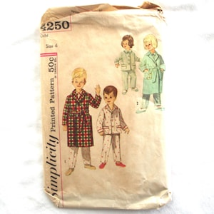 May include: Vintage Simplicity pattern envelope for child's pajamas, size 6. The illustration shows children in various pajama styles, including a robe and pajamas with red and white polka dots. The envelope is tan with the number 4250 printed on it.