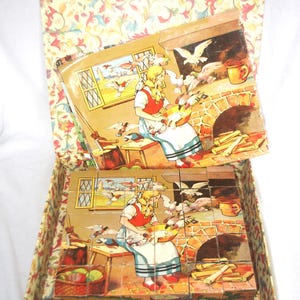 Antique Puzzle: Wooden Six-Sided Fairy Tales - Cinderella, Snow White, Puss in Boots, Sleeping Beauty, Little Red Riding Hood, Early 1900s