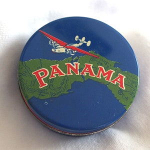 Vintage Advertising Tin: Manifold Supplies Co. &quot;Panama&quot; Typewriter Ribbon w/ Unused Ribbon & Spool, Blue, Green, 1950s