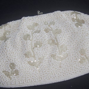 Vintage Evening Bag / Purse: 1960s White Beaded w/ Bugle Bead Flowers &quot;Bag By Debbie / Japan&quot;