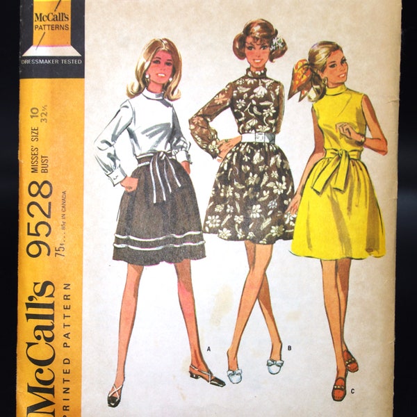 Vintage McCall's Mini Dress Pattern 9528: Misses' Sz 10 Three Versions 1960s 1968