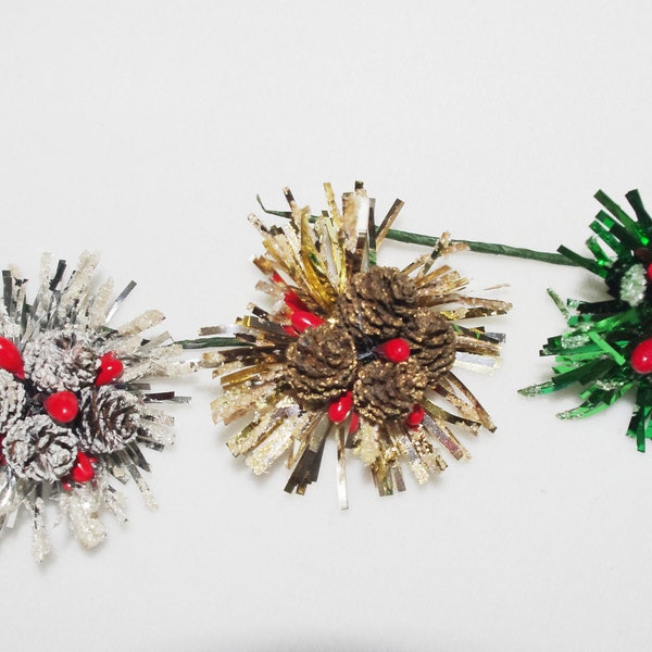 CHOICE - Vintage Christmas Floral Picks: Foil Spray w/ Tiny Pine Cones, Red Spun Cotton Berries, Glitter, MIJ, 1950s