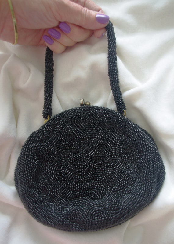 Vintage Beaded Evening Bag: Black Bugle Bead Flow… - image 3