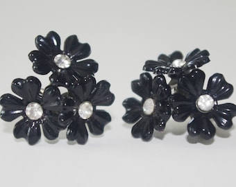 Vintage Screw Back Earrings: 1950s Black Plastic Flower and Rhinestone