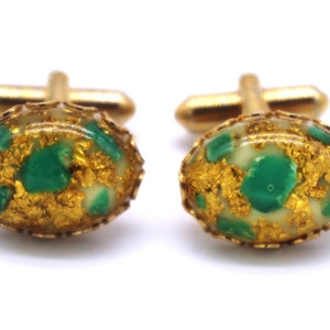 Vintage Men&#39;s Cuff Links: Acrylic w/ Green Stones & Gold Inclusions, Bullet Back / Toggle, 1960s / 60s