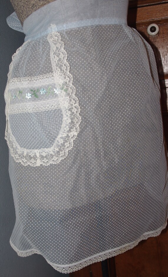 Vintage Apron: Women's Fancy / Hostess, Blue & White Nylon, Dotted Swiss, Never Washed,  1960s / 60s