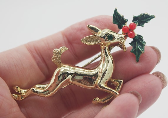 Vintage Christmas Pin / Brooch: Reindeer with Hol… - image 2