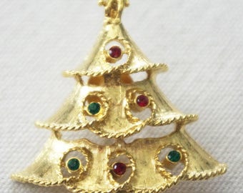 Vintage 70s Christmas Pin / Brooch Christmas Tree with Rhinestones Clutch Pin