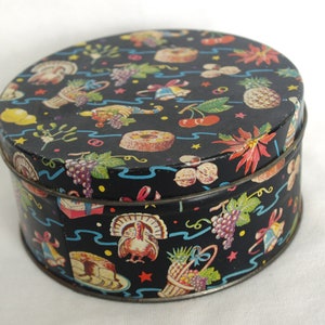 Vintage Round Cake Tin: All Holidays, Black w/ Pictures & Fruit Cake, 1960s