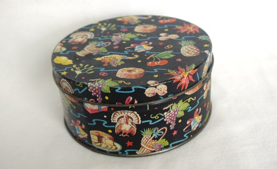 Vintage Round Cake Tin: All Holidays, Black w/ Pictures & Fruit Cake, 1960s / 60s