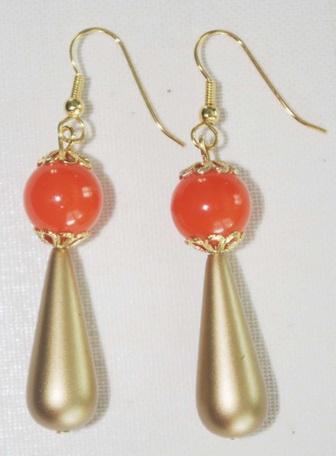 Handmade Earrings Vintage Orange Lucite Balls & Matte Gold Lucite