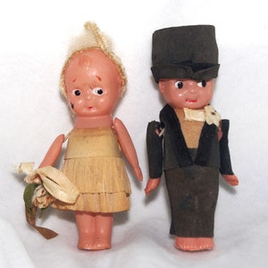 Celluloid &quot;Kewpie&quot; Bride & Groom Dolls Painted w/ Crepe Paper Clothing 1920s