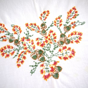 Vintage Embroidered Cotton Tablecloth: Embroidered Red & Gold Flowers /Brown Seed Pods