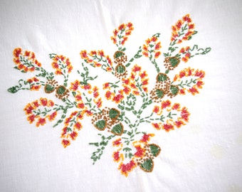 Vintage Embroidered Cotton Tablecloth: Embroidered Red & Gold Flowers /Brown Seed Pods