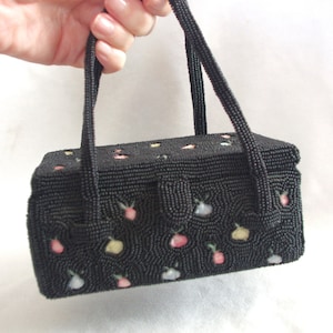 Vintage Evening Bag / Handbag / Purse: Walborg / Japan, 1950s, Small Box,  Beaded w/ Black Beads & Embroidered Flowers