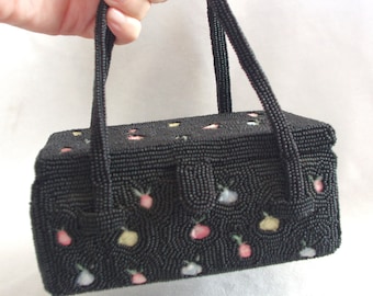 Borsa da sera vintage/borsetta/borsetta: Walborg/Giappone, anni &#39;50, piccola scatola, con perline nere e fiori ricamati
