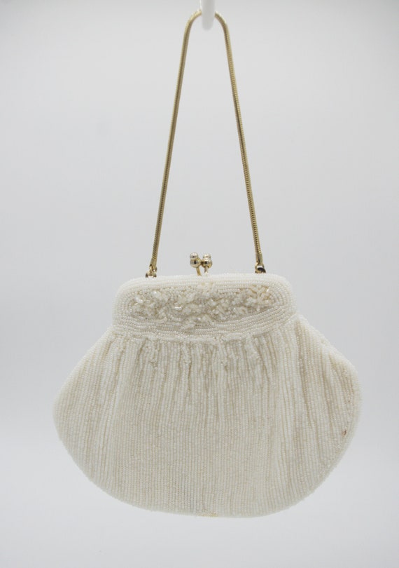 Vintage Handbag: White Pearlized Seed Beads with T