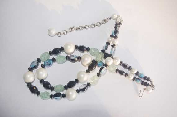 Vintage 2 Strand Beaded Necklace: Pearls Black Bl… - image 1