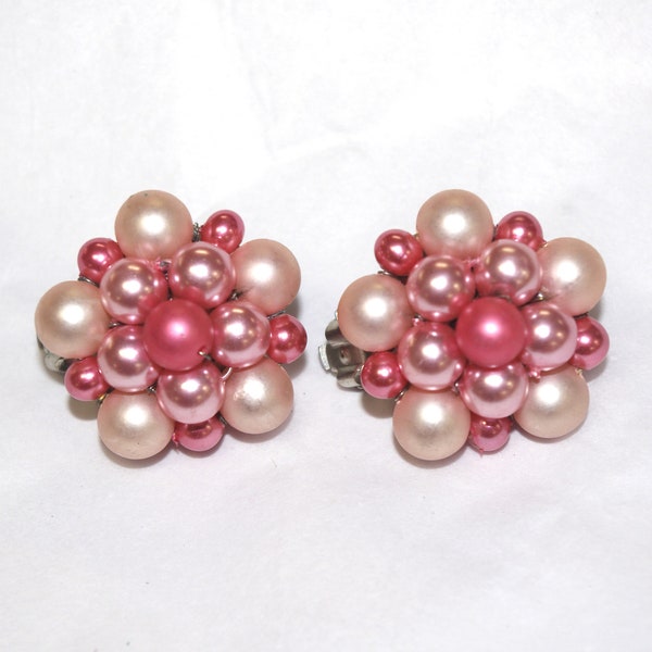 Vintage Clip On Earrings: Blush Pink Pearls, Shiny & Matte, Two Tones, 1950s / 50s "Japan"