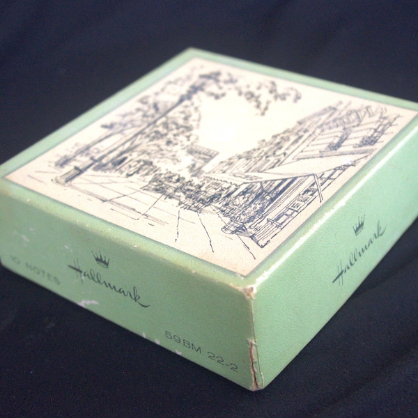 Vintage Notecards in Box: "Hallmark" 1960s Pen / Ink Streetside Cafe Scene, 1960s, MIB