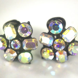 Vintage Clip On Earrings: Japanned w/ Aurora Borealis Rhinestones, Super Sparkly, 1950s / 50s / MCM