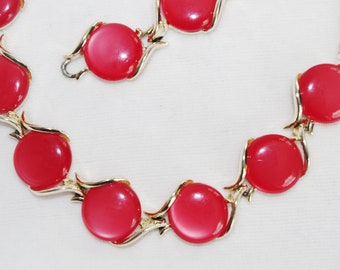 Vintage Bracelet / Choker Set: Red Moonglow Thermoset Discs, 1950s