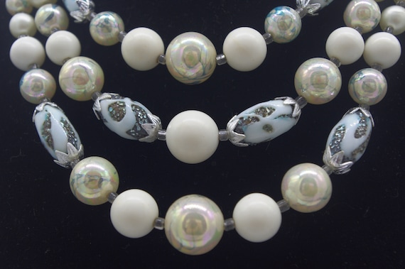 Vintage Beaded Necklace & Earring Set: White Silv… - image 1