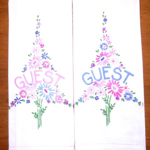 2 Vintage Guest Towels: &quot;Guest&quot; Hand Embroidered Cotton Pink Blue Flower Trees
