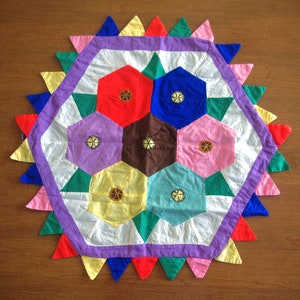 Vintage Pillow Cover: Hexagon, Hand-Pieced + Embroidered, Handkerchief Edges, Bright Colors, 1930s