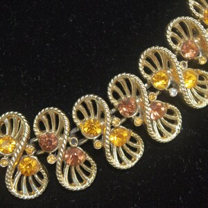 Vintage Choker Necklace: Gold Swirls w/ Gold & Brown Rhinestones 18&quot; 1960s