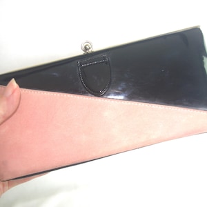 Vintage Handbag / Purse: Black Patent Leather & Pink / Beige Suede, 1950s / 50s / MCM