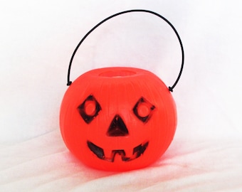 Vintage Blow Mold: Smaller Halloween Pumpkin / Jack o' Lantern, Thin Handle, 5" Round, Diamond Eyes