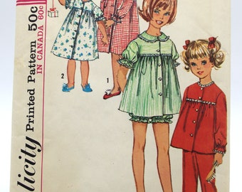 Vintage 1960s Simplicity Pattern:  Child's / Girl's Nightgown, Pajamas, & Shortie Sz 4 1964 #5739