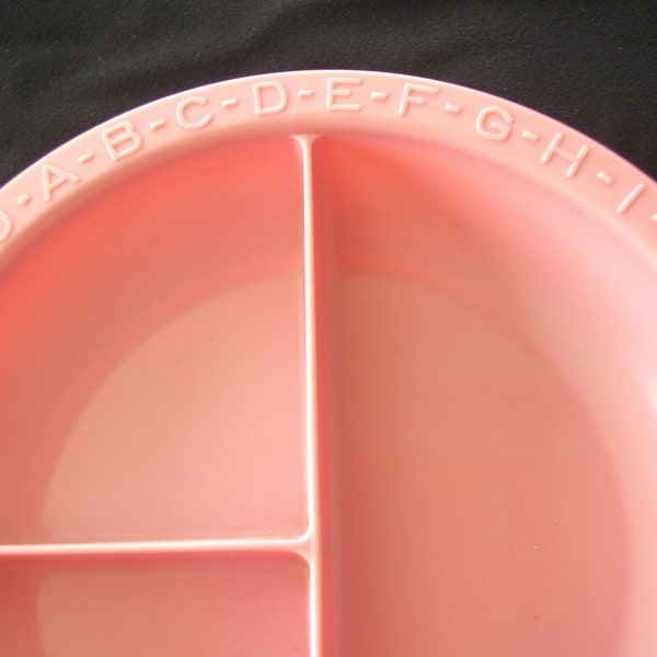 Vintage Baby Plate / Divided Dish: Pink Hard Plastic w/ Alphabet & Numbers, Hemco Plastics / Hemcoware, 1960s