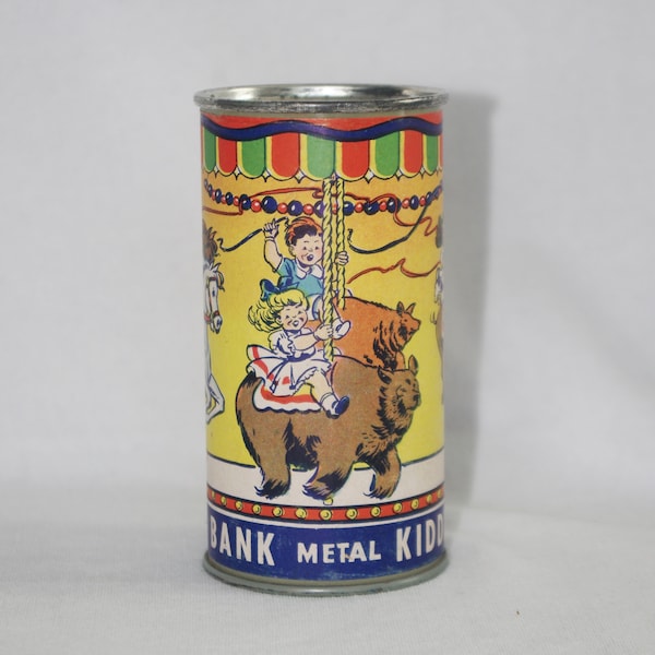 Vintage Bank: "Metal Kiddie Bank" w/ Kids on Carousel Horse, Bear, Pig, 1950s / 50s / MCM