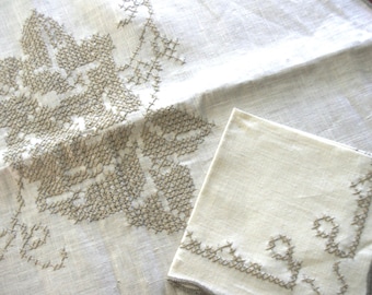 Vintage Small Tablecloth & Napkins: Linen, Cross Stitch / Embroidered, Taupe Leaves w/ Ornate Border