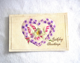Antique Postcard: "Birthday Greetings" Embossed Purple Flower Heart & Birds / Doves, Gilded, Early 1900s, Germany, Uncirculated