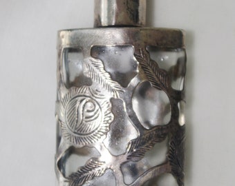 Small Silver & Glass Perfume Bottle: Flowers + Leaves, "925 Mexico"