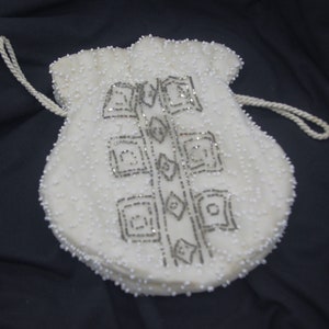 Vintage Beaded Evening Drawstring Handbag: White Beads w/ Silver Bugle Bead Accents 1930s 30s