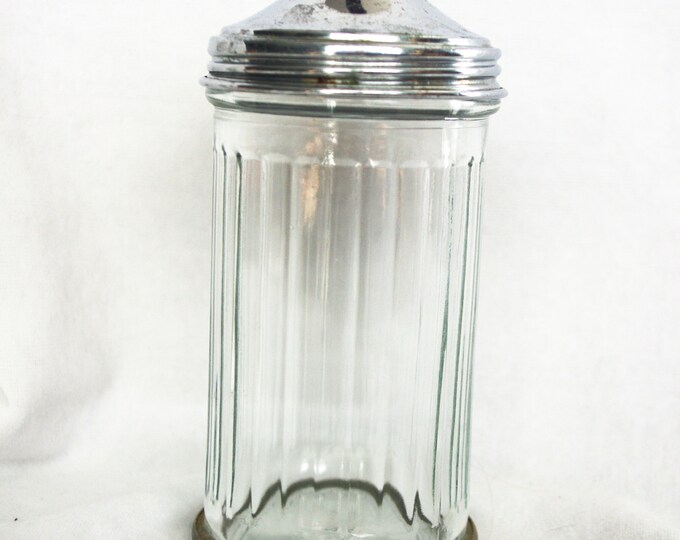 Vintage Sugar Shaker / Restaurant Server measuring Device Corp. Clear Ribbed Glass, Chrome Lid