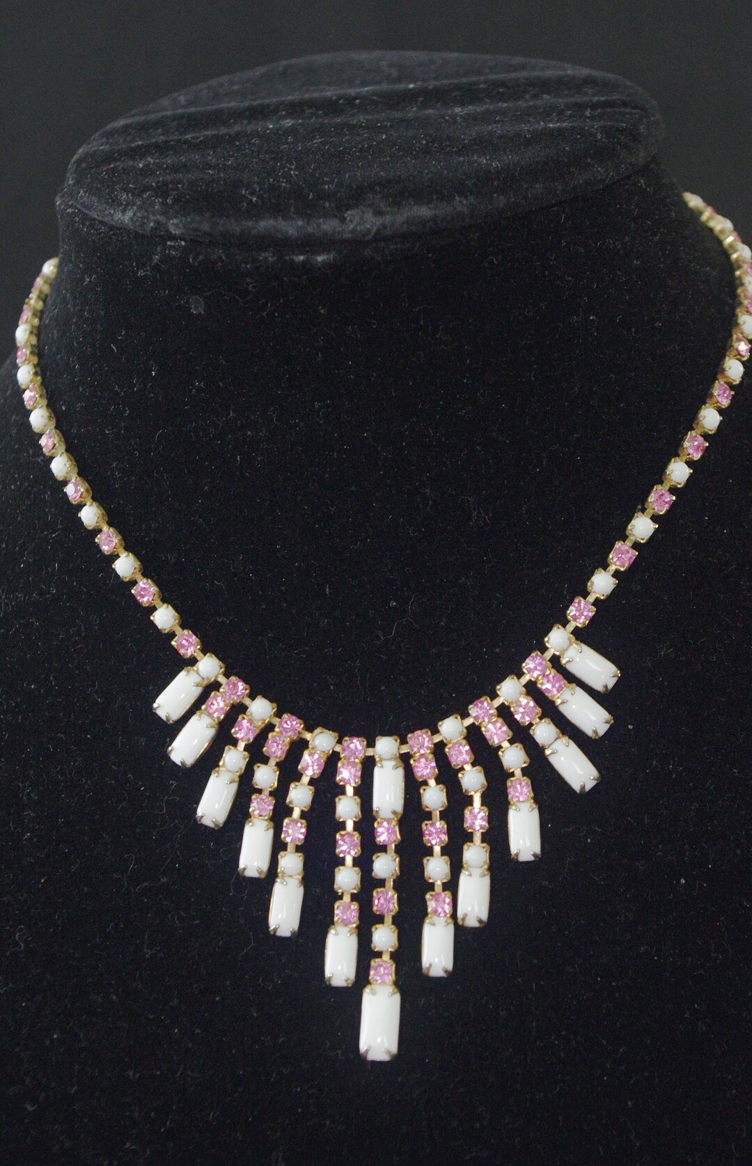 Vintage Rhinestone Choker Necklace 1960s Sparkly Pink Rhinestone
