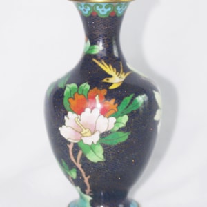 Vintage Vase: Chinese Cloisonne & Brass, Navy Blue w/ Flowers + Bird, Sparkles