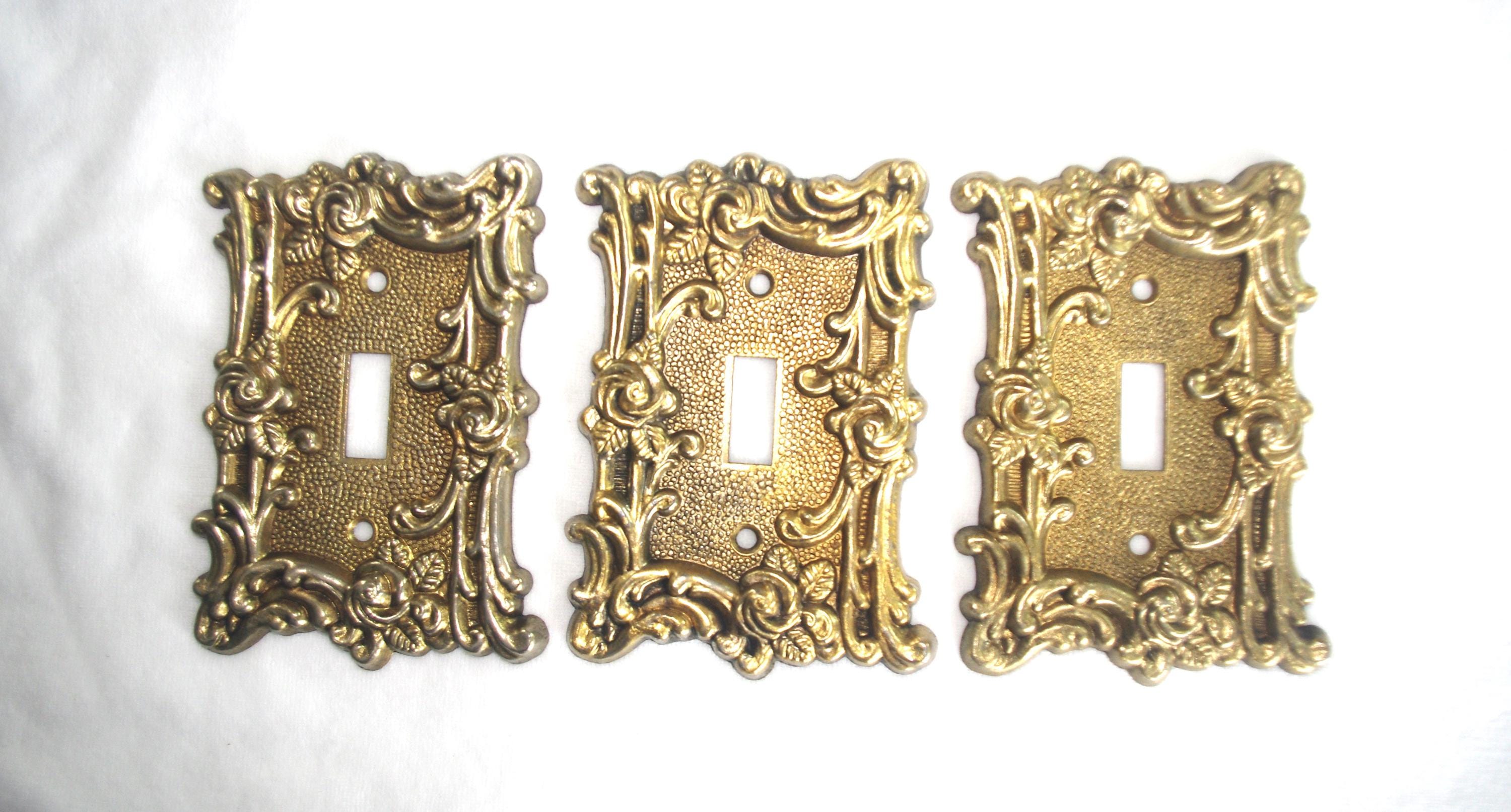 Vintage Light Switch Cover: Ornate Gold Metal w/ Flowers / Scrolls, "Amer. Tack & Hdwe. / 1967 / 60T" 1960s - 1967